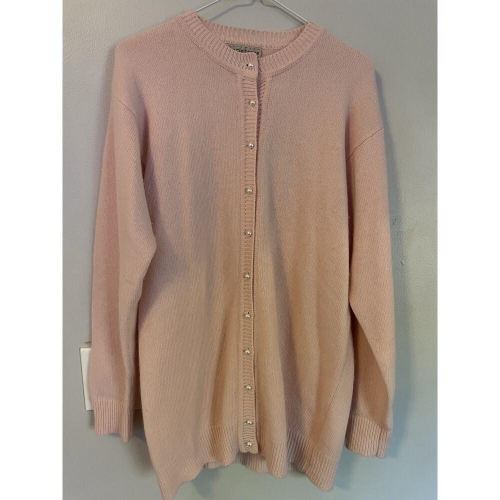 Vintage Pale Pink Liz Claiborne Lambswool Angora Cardigan Sweater Pearl Buttons